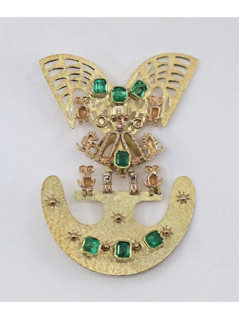 Vintage 18K Gold 7 Emerald Tairona Pre Columbian Brooch Pendant 22.7g Estate Art